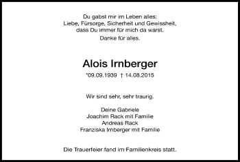 Traueranzeige von Alois Irnberger von Wetterauer Zeitung, Wetterauer Zeitung