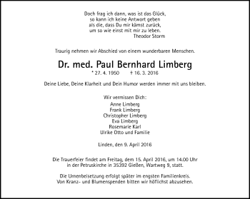 Traueranzeige von Paul Bernhard Limberg von Gießener Allgemeine, Alsfelder Allgemeine