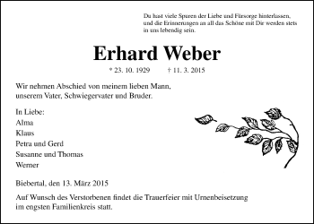Traueranzeige von Erhard Weber von Gießener Allgemeine, Alsfelder Allgemeine