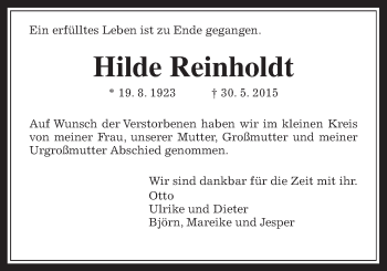 Traueranzeige von Hilde Reinholdt von Allendorfer Mitteilungen