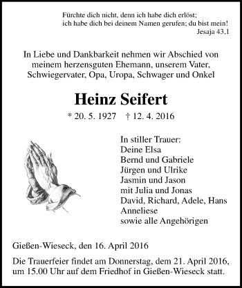 Traueranzeige von Heinz Seifert von Gießener Allgemeine, Alsfelder Allgemeine