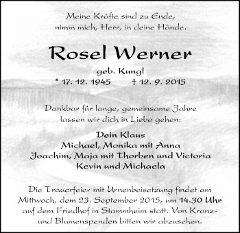 Traueranzeige von Rosel Werner von Wetterauer Zeitung, Wetterauer Zeitung