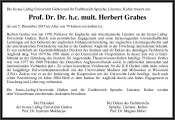 Traueranzeige von Herbert Grabes von Gießener Allgemeine, Alsfelder Allgemeine