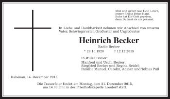 Traueranzeige von Heinrich Becker von Gießener Allgemeine, Alsfelder Allgemeine