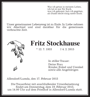 Traueranzeige von Fritz Stockhause von Gießener Allgemeine, Alsfelder Allgemeine