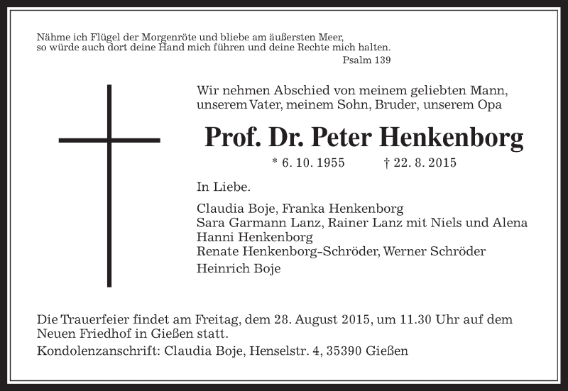  Traueranzeige für Peter Henkenborg vom 26.08.2015 aus Gießener Allgemeine, Alsfelder Allgemeine