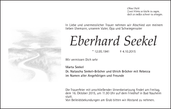 Traueranzeige von Eberhard Seekel von Wetterauer Zeitung, Wetterauer Zeitung