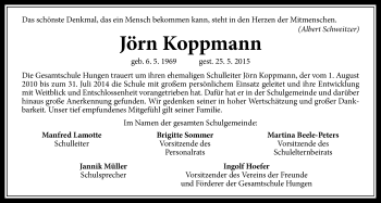 Traueranzeige von Jörn Koppmann von Gießener Allgemeine, Alsfelder Allgemeine, Wetterauer Zeitung, Wetterauer Zeitung