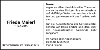 Traueranzeige von Frieda Maierl von Licher Wochenblatt, Licher Wochenblatt, Licher Wochenblatt