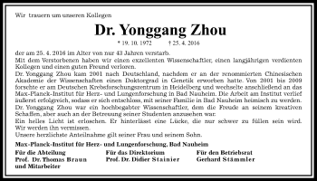 Traueranzeige von Yonggang Zhou von Wetterauer Zeitung, Wetterauer Zeitung