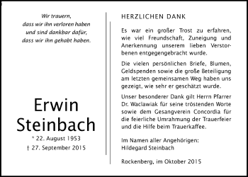 Traueranzeige von Erwin Steinbach von Wetterauer Zeitung, Wetterauer Zeitung