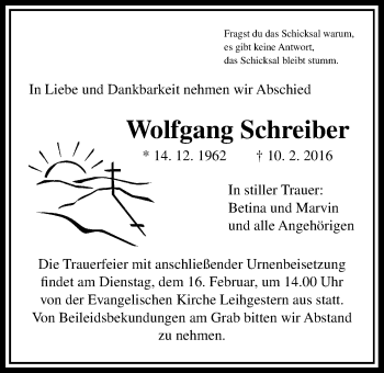 Traueranzeige von Wolfgang Schreiber von Gießener Allgemeine, Alsfelder Allgemeine