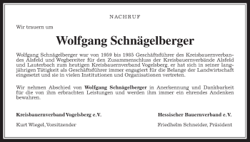 Traueranzeige von Wolfgang Schnägelberger von Alsfelder Allgemeine