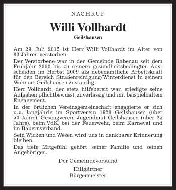 Traueranzeige von Willi Vollhardt von Rabenauer Zeitung