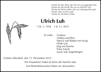 Traueranzeige von Ulrich Luh von Gießener Allgemeine, Alsfelder Allgemeine