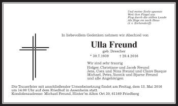 Traueranzeige von Ulla Freund von Wetterauer Zeitung, Wetterauer Zeitung
