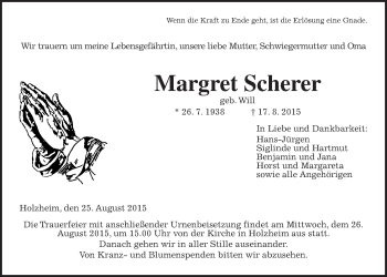 Traueranzeige von Margret Scherer von Gießener Allgemeine, Alsfelder Allgemeine