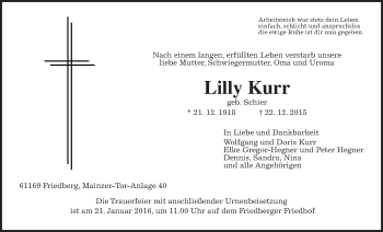 Traueranzeige von Lilly Kurr von Wetterauer Zeitung, Wetterauer Zeitung