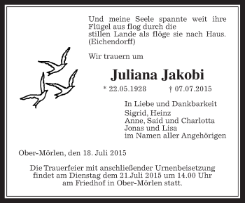 Traueranzeige von Juliana Jakobi von Wetterauer Zeitung, Wetterauer Zeitung