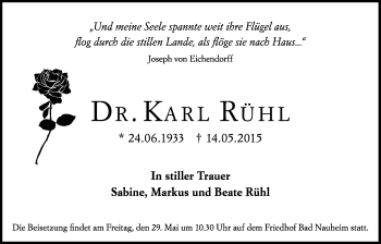 Traueranzeige von Karl Rühl von Wetterauer Zeitung, Wetterauer Zeitung