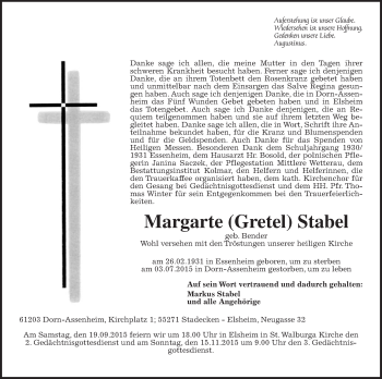 Traueranzeige von Margarete Stabel von Wetterauer Zeitung, Wetterauer Zeitung