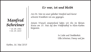 Traueranzeige von Manfred Schreiner von Wetterauer Zeitung, Wetterauer Zeitung