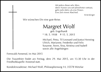 Traueranzeige von Margret Wolf von Gießener Allgemeine, Alsfelder Allgemeine