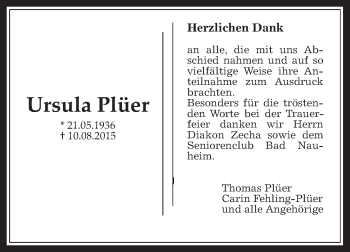 Traueranzeige von Ursula Plüer von Wetterauer Zeitung, Wetterauer Zeitung