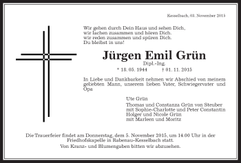 Traueranzeige von Jürgen Emil Grün von Gießener Allgemeine, Alsfelder Allgemeine, Gießener Allgemeine, Alsfelder Allgemeine