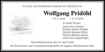 Traueranzeige von Wolfgang Pridöhl von Alsfelder Allgemeine