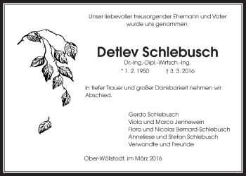 Traueranzeige von Detlev Schlebusch von Wetterauer Zeitung, Wetterauer Zeitung