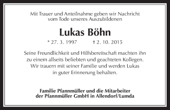 Traueranzeige von Lukas Böhn von Gießener Allgemeine, Alsfelder Allgemeine