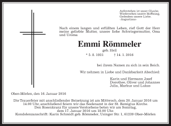 Traueranzeige von Emmi Römmeler von Wetterauer Zeitung, Wetterauer Zeitung