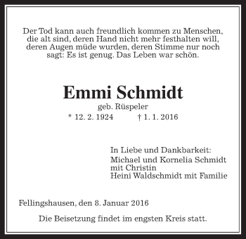 Traueranzeige von Emmy Schmidt von Gießener Allgemeine, Alsfelder Allgemeine