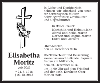 Traueranzeige von Elisabetha Moritz von Wetterauer Zeitung, Wetterauer Zeitung