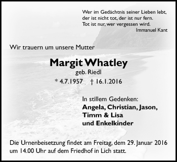 Traueranzeige von Margit Whatley von Licher Wochenblatt, Licher Wochenblatt, Licher Wochenblatt