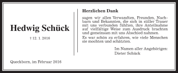 Traueranzeige von Hedwig Schück von Gießener Allgemeine, Alsfelder Allgemeine