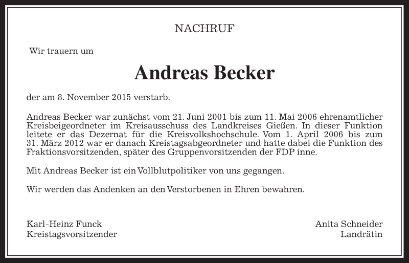  Traueranzeige für Andreas Becker vom 11.11.2015 aus Gießener Allgemeine, Alsfelder Allgemeine