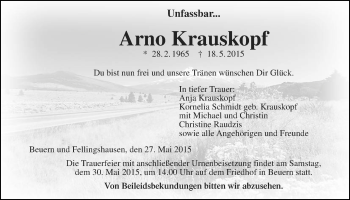 Traueranzeige von Arno Krauskopf von Gießener Allgemeine, Alsfelder Allgemeine