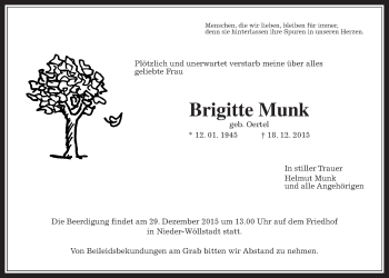 Traueranzeige von Brigitte Munk von Wetterauer Zeitung, Wetterauer Zeitung