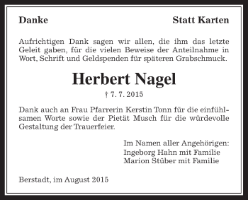 Traueranzeige von Herbert Nagel von Wetterauer Zeitung, Wetterauer Zeitung