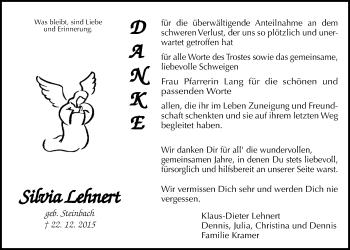 Traueranzeige von Silvia Lehnert von Licher Wochenblatt, Licher Wochenblatt, Licher Wochenblatt