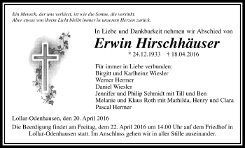 Traueranzeige von Erwin Hirschhäuser von Gießener Allgemeine, Alsfelder Allgemeine