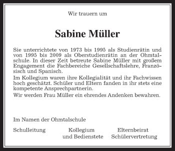 Traueranzeige von Sabine Müller von Alsfelder Allgemeine
