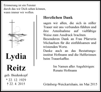 Traueranzeige von Lydia Reitz von Gießener Allgemeine, Alsfelder Allgemeine