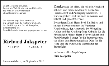 Traueranzeige von Richard Jakspeter von Gießener Allgemeine, Alsfelder Allgemeine