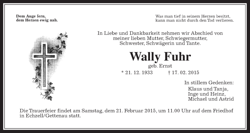  Traueranzeige für Wally Fuhr vom 20.02.2015 aus Wetterauer Zeitung, Wetterauer Zeitung