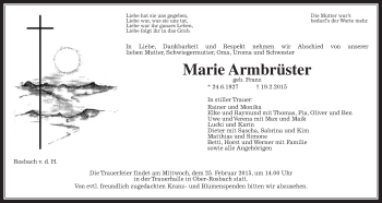 Traueranzeige von Marie Armbrüster von Wetterauer Zeitung, Wetterauer Zeitung