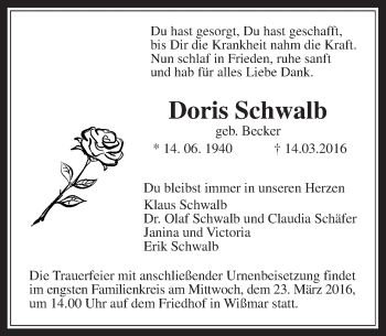 Traueranzeige von Doris Schwalb von Gießener Allgemeine, Alsfelder Allgemeine, Wetterauer Zeitung, Wetterauer Zeitung