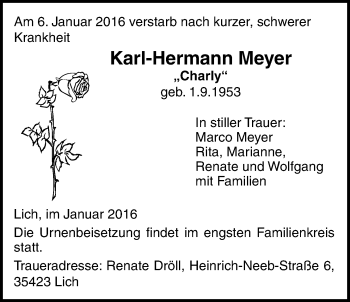 Traueranzeige von Karl-Hermann Meyer von Licher Wochenblatt, Licher Wochenblatt, Licher Wochenblatt